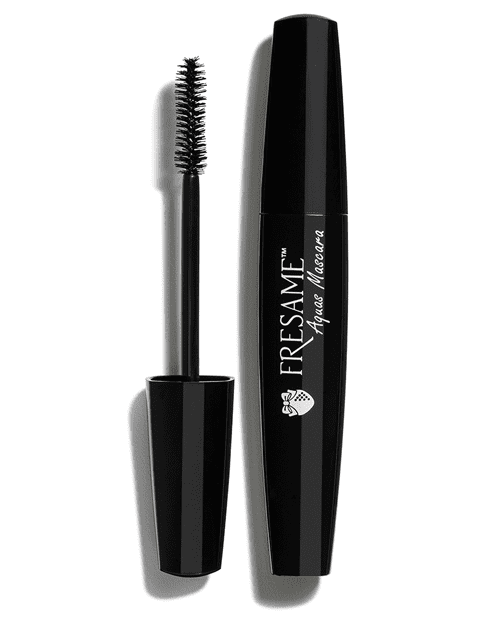 A black tube of mascara on top of a white background.